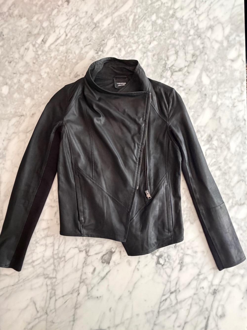 Lamarque Black Asymmetrical Leather Motorcycle Jacket